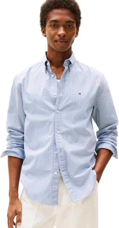 Tommy Hilfiger Men’s Flex Poplin Small Tartan Cotton Shirt, Blue (Breezy Blue/Multi Check), XXL