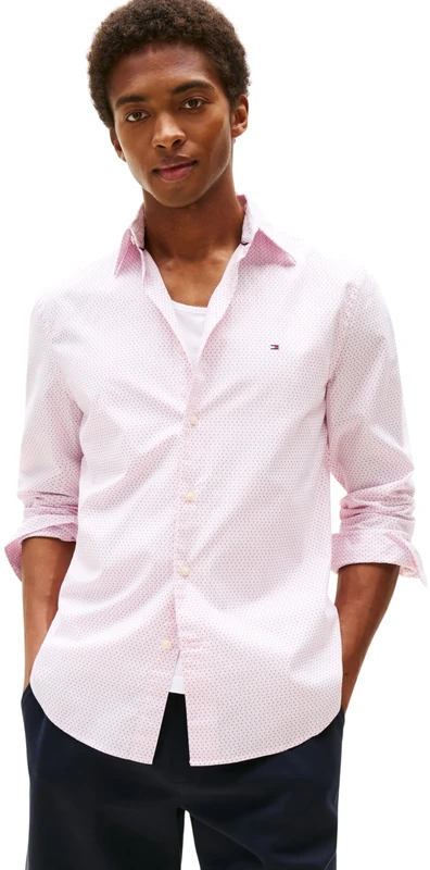 Tommy Hilfiger Men’s Flex Poplin Mini Print Regular Fit Shirt, Pink (Pink Lily), XS