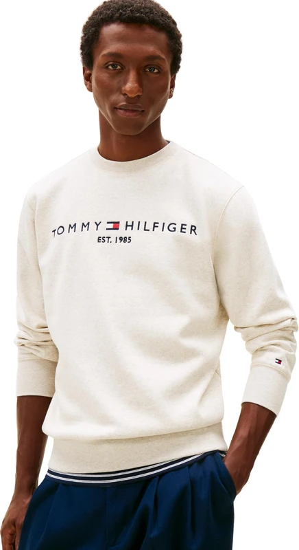 Tommy Hilfiger Men’s Tommy Logo Sweatshirt without Hood, Beige (Heathered Oatmilk), S