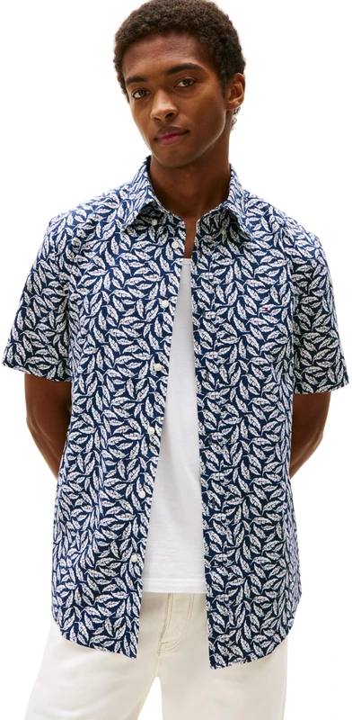 Tommy Hilfiger Men’s Short Sleeve Linen Blend Print Shirt, Multicolor (Carbon Navy/Allover), XL