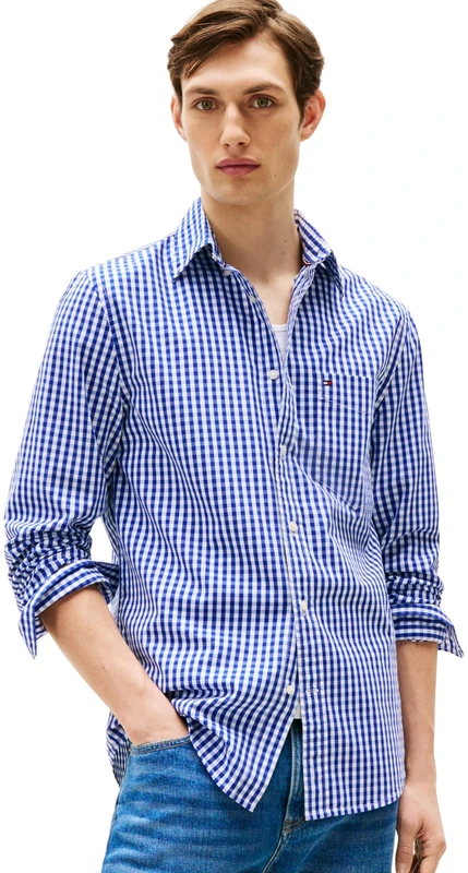 Tommy Hilfiger Men’s Poplin Gingham Cotton Shirt, Multicolor (Wedge Blue/Check), XL
