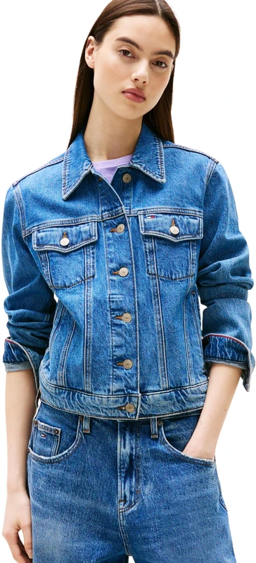 Tommy Jeans Women’s Classic Trucker Denim Jacket with Chest Pockets, Blue (Denim Medium), L