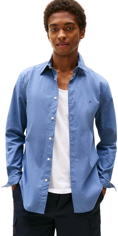 Tommy Hilfiger Men’s Flex Poplin Mini Print Regular Fit Shirt, Blue (Preppy Navy), L