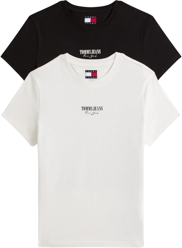 Tommy Jeans Women’s 2 Pack Short Sleeve Round Neck Essential Logo T-Shirts, White (Ecru/Black), XS - Image 1