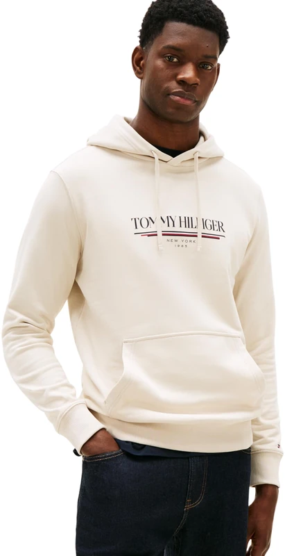 Tommy Hilfiger Men’s Brand Love Cotton Hoodie, Off-White (Newsprint), L