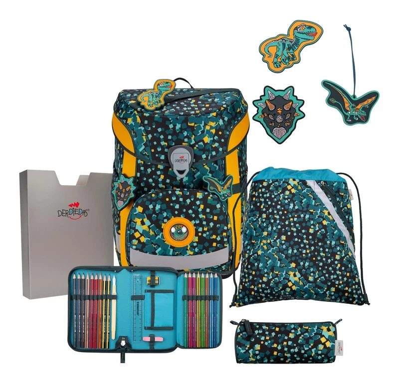 DerDieDas ErgoFlex Easy Dino Time School Bag Set of 5, Green, ErgoFlex Easy Set