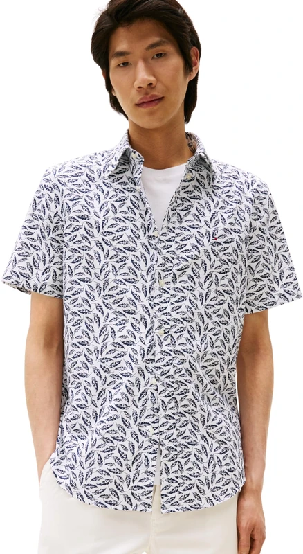 Tommy Hilfiger Men’s Short Sleeve Linen Blend Print Shirt, Multicolor (White/Allover), XL