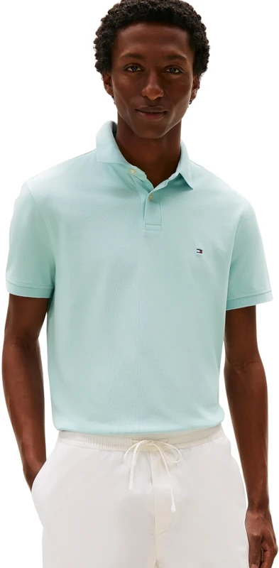 Tommy Hilfiger Men’s Short Sleeve Regular Fit Polo Shirt with Button Placket, Turquoise (Cool Sky), XS