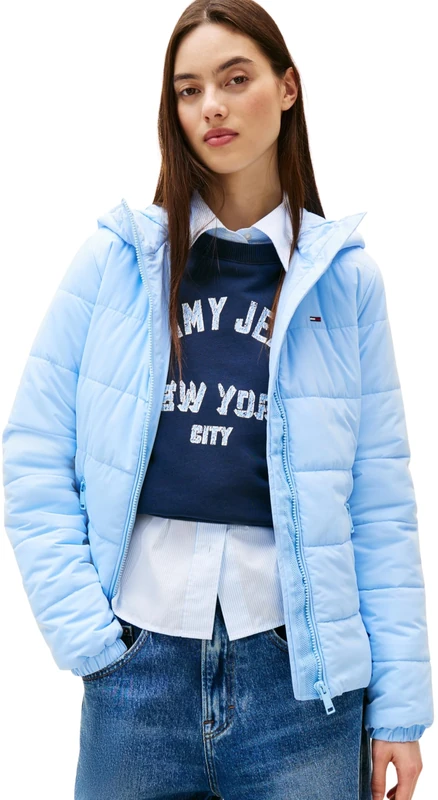 Tommy Jeans Womens Tjw Slim Lw Hooded Padded Dw0dw20959 Puffer Jacket, Blue (Light Powdery Blue), S UK