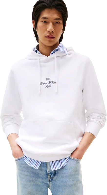 Tommy Hilfiger Men’s Outline Flag Script Hoodie, White (White), L
