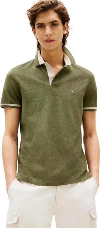 Tommy Hilfiger Men’s Short Sleeve Contrast Collar Block Regular Fit Polo Shirt, Green (Battle Green Heather B6894), L