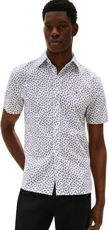 Tommy Hilfiger Men’s Short Sleeve Linen Blend Shirt, Multicolor (White/Preppy Navy), S