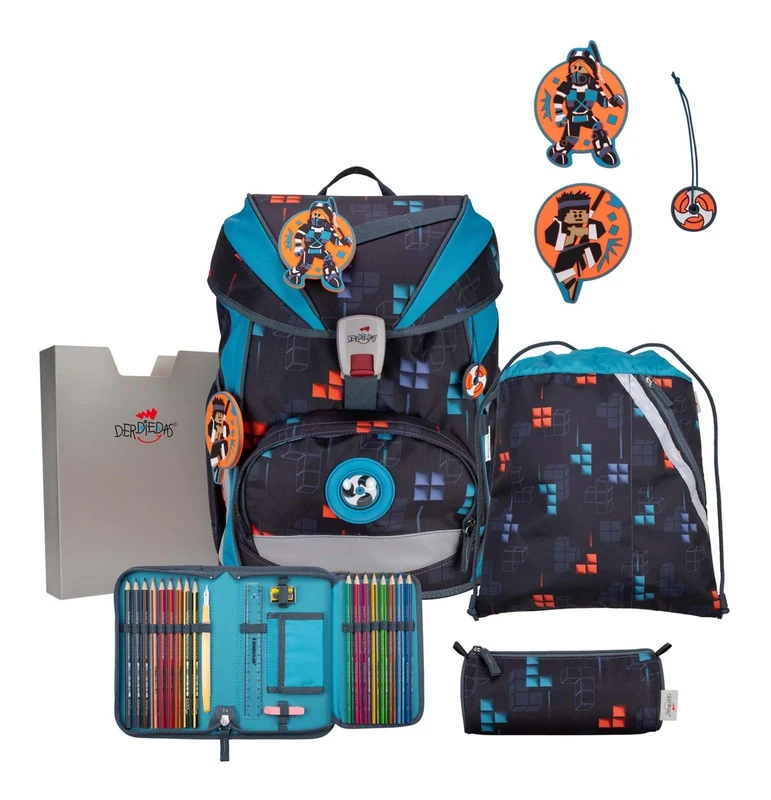 DerDieDas ErgoFlex Ninja Fighter School Bag 5-Piece Set, Blue, ErgoFlex Set