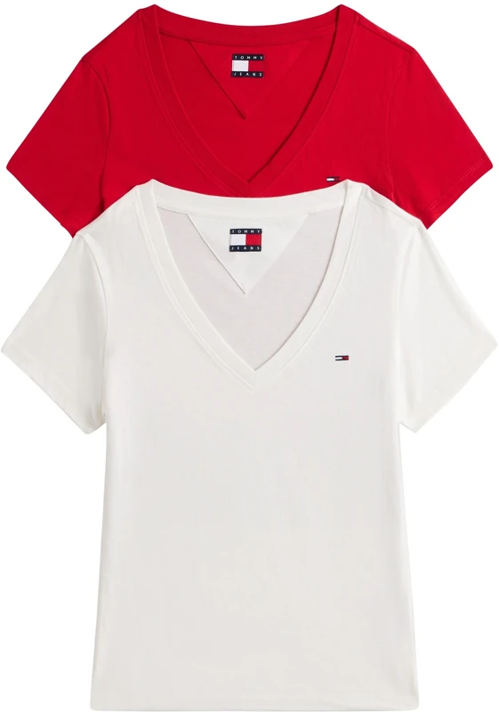 Tommy Jeans Womens Tjw 2pack V-Neck Tee Dw0dw21367 S/S T-Shirt, Multi (Ecru/Sapphire Red), XS UK