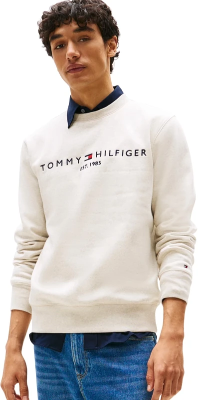 Tommy Hilfiger Men’s Tommy Logo Sweatshirt without Hood, Beige (Heathered Oatmilk), XXL