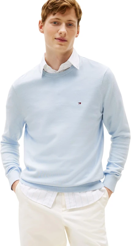 Tommy Hilfiger Men’s Essential Cotton Round Neck Jumper, Blue (Breezy Blue), L