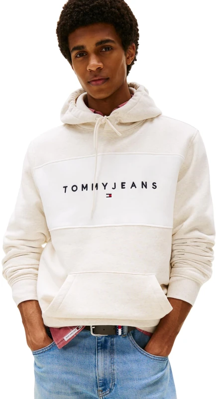 Tommy Jeans Men’s Linear Logo Hoodie, Off-White (Oat Marl Htr/Ecru), S