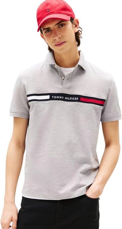 Tommy Hilfiger Men’s Short Sleeve Chest Insert Regular Fit Polo Shirt, Grey (Light Grey Heather), L