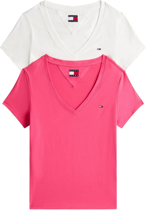 Tommy Jeans Womens Tjw 2pack V-Neck Tee Dw0dw21367 S/S T-Shirt, Multi (Ecru/Jewel Pink), XXS UK - Image 1