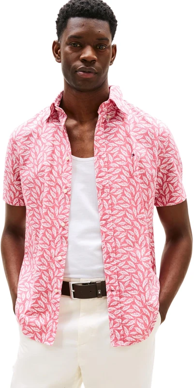 Tommy Hilfiger Men’s Short Sleeve Linen Blend Print Shirt, Multicolor (Vintage Rosy/Allover), L