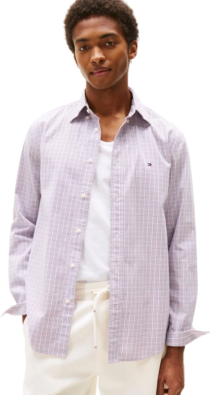 Tommy Hilfiger Men’s Flex Poplin Small Tartan Cotton Shirt, Multicolor (Classic Pink/Multi Check), XXL - Image 1