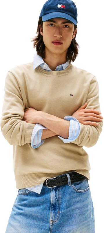 TOMMY JEANS Mens TJM Slim Essential Light Dm0dm18895 Pullover Sweater, Khaki (Silt), XS UK