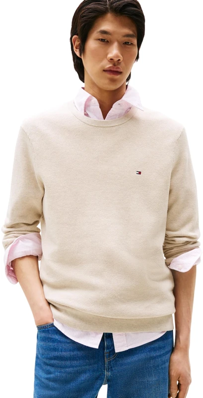 Tommy Hilfiger Men’s Regular Fit Essential Structure Crew Neck Jumper, Beige (Heathered Oatmilk), XXL