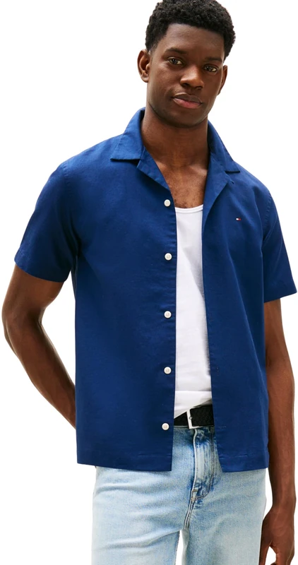 Tommy Hilfiger Men's Linen Blend Solid S/S RF Shirt MW0MW41296 S/S Shirt, Blue (Carbon Navy), 3XL