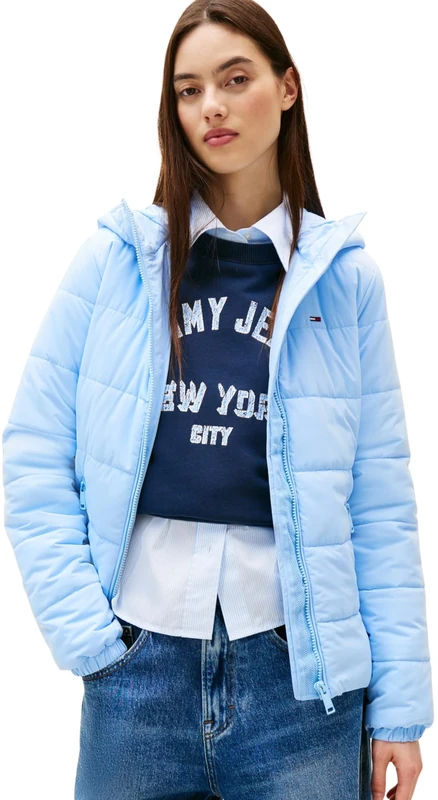 Tommy Jeans Womens Tjw Slim Lw Hooded Padded Dw0dw20959 Puffer Jacket, Blue (Light Powdery Blue), XS UK