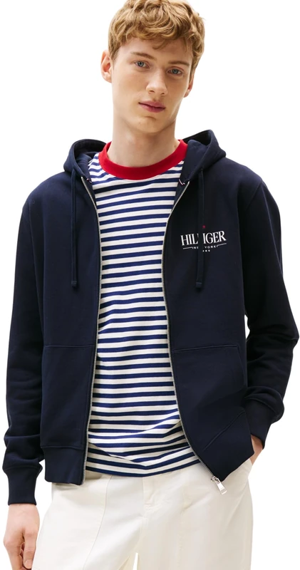 Tommy Hilfiger Men’s Stacked Cotton Hoodie with Zip, Blue (Desert Sky), XS