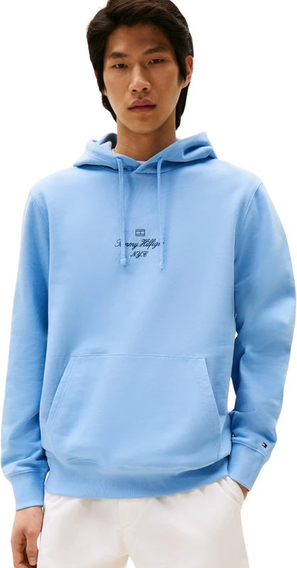 Tommy Hilfiger Men’s Outline Flag Script Hoodie, Blue (Cloudy Blue), S