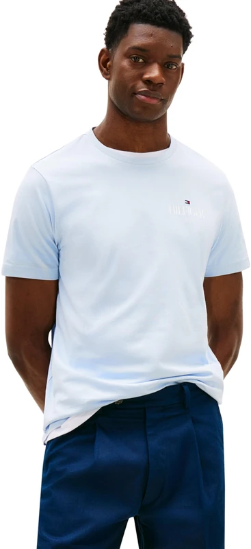 Tommy Hilfiger Men’s Short Sleeve Regular Fit Stack T-Shirt, Blue (Breezy Blue), XL