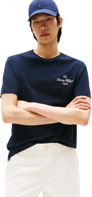 Tommy Hilfiger Men’s Short Sleeve Regular Fit Outline Script T-Shirt, Blue (Desert Sky), XS