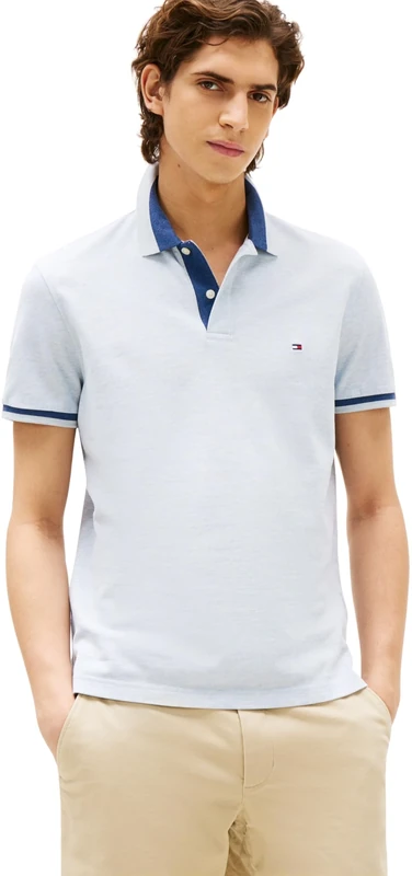 Tommy Hilfiger Men’s Short Sleeve Contrast Collar Block Regular Fit Polo Shirt, Blue (Heathered Blue Bros B0802), XS