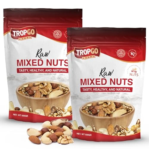 Tropgo Raw Mixed Nuts 2 × 500g (1KG) Nut Snacks - Packed Fresh, Healthy Jumbo Nuts with Fibre & Minerals - Perfect for Snacking - Includes Almonds, Brazil Nuts, Cashews, Peanuts, Hazelnuts & Walnuts