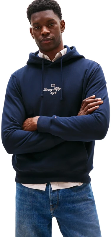 Tommy Hilfiger Men’s Outline Flag Script Hoodie, Blue (Desert Sky), XS