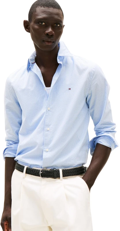 Tommy Hilfiger Men’s Flex Poplin Mini Print Regular Fit Shirt, Blue (Cloudy Blue), XS