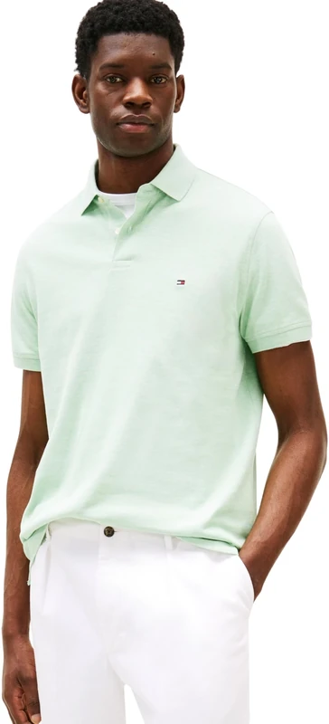 Tommy Hilfiger Men’s Short Sleeve Regular Fit Polo Shirt with Button Placket, Turquoise (Mint Gel Heather), XS