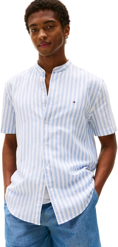 Tommy Hilfiger Men's Linen Blend Grandad Collar Shirt, Multicolor (Breezy Blue/White), S