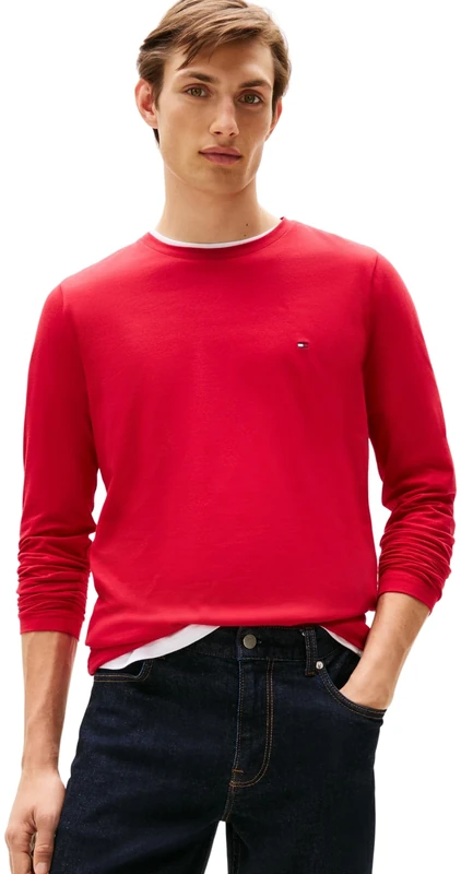 Tommy Hilfiger Men’s Slim Fit Stretch Cotton Long Sleeve Top, Multicolor (Medium Red), L