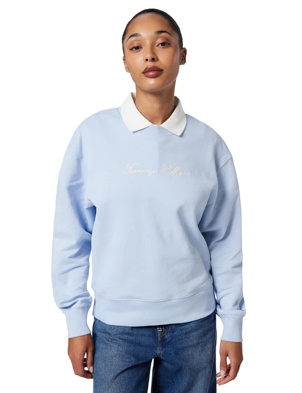 Tommy Hilfiger Women’s Script Pique Regular Fit Sweatshirt, Blue (Breezy Blue), S