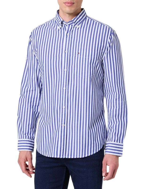 Tommy Hilfiger Men’s Flex Poplin Bold Stripe Shirt with Chest Pocket, Multicolor (Wedge Blue/Stripe), XS