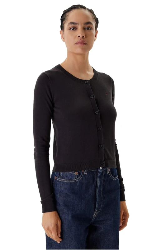 Tommy Jeans Women’s Essential Crew Neck Cardigan with Buttons, Black (Black), XL