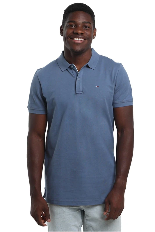Tommy Jeans Men’s Short Sleeve Placket Slim Fit Polo Shirt, Blue (Blue Moment), XL