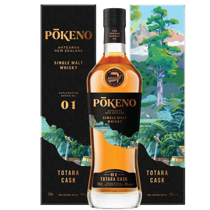Pōkeno Totara Cask | Exploration Series, Worlds First New Zealand Single Malt Whisky Aged in Indigenous Timber of the Maori, 46% vol, 70cl Gift Box Pokeno