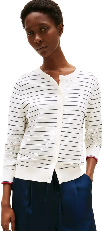 Tommy Hilfiger Women's Elegant Jersey Stitch Cardigan, Multicolor (Ivory Silk/Dark Night Navy STP Gs), L