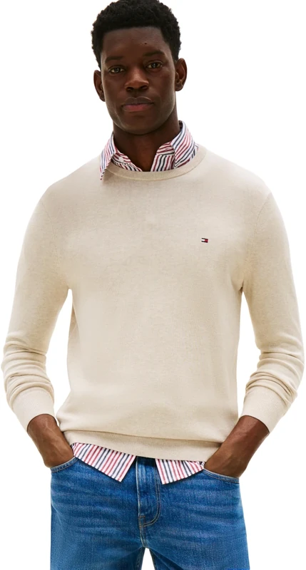 Tommy Hilfiger Men’s Essential Cotton Round Neck Jumper, Beige (Heathered Oatmilk), XXL