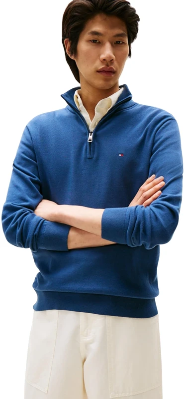 Tommy Hilfiger Men’s Essential Cotton Half Zip Jumper, Blue (Aegean Sea), XS