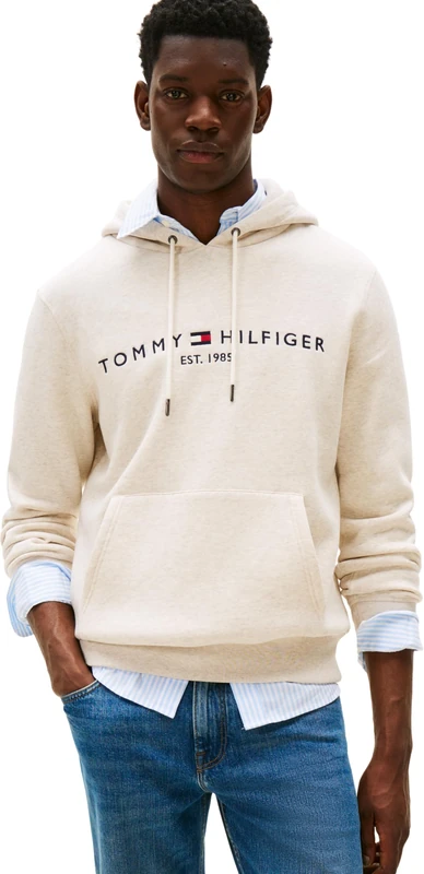 Tommy Hilfiger Men’s Tommy Logo Hoodie, Beige (Heathered Oatmilk), L
