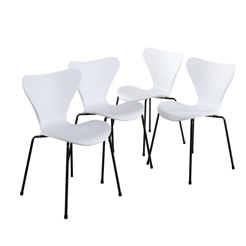 Home Source Set of 4 Dining Chairs, Curved Wingback Supportive Backrest, Retro Sturdy Iron Tube Legs, Kitchen Dining Seating, White